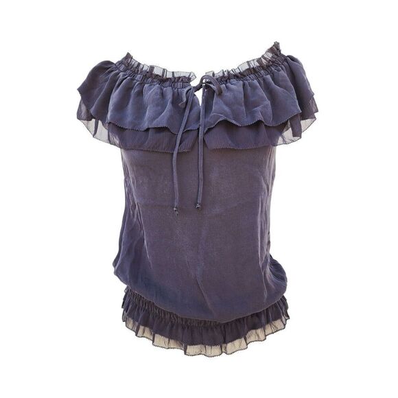 White House Black Market Black Top Off Shoulder Blouson Flutter Silk Blouse XS - Picture 2 of 6